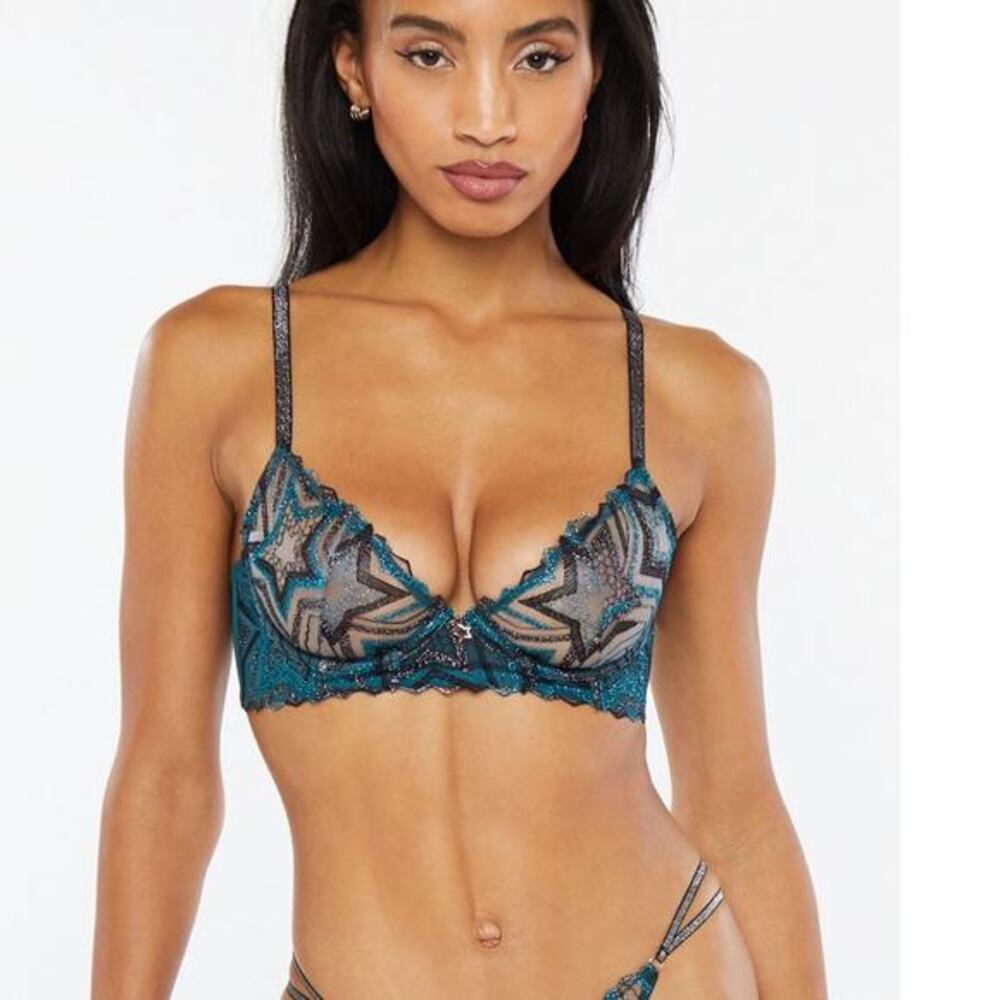 Savage X Fenty‎ Shining Star Embroidered Unlined Demi Bra Wildflower Blue 34C